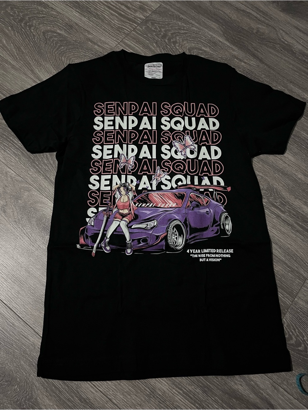 Senpai Squad Graphic Tee - Black with Purple & Pink size Small